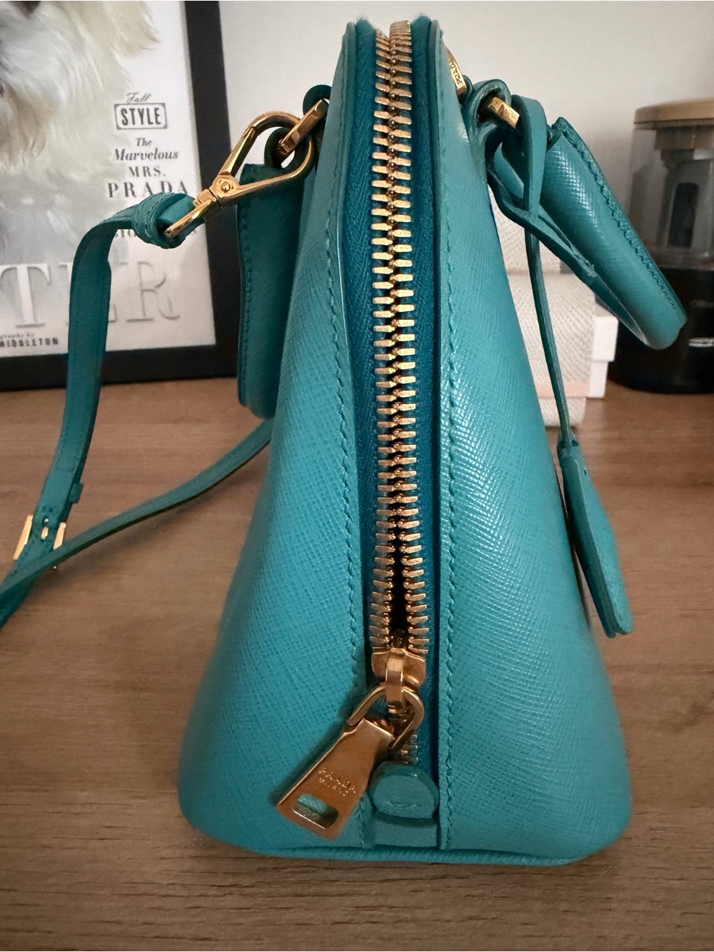 Prada Teal Saffiano Leather Satchel with Gold Hardware - Picture 2 of 7